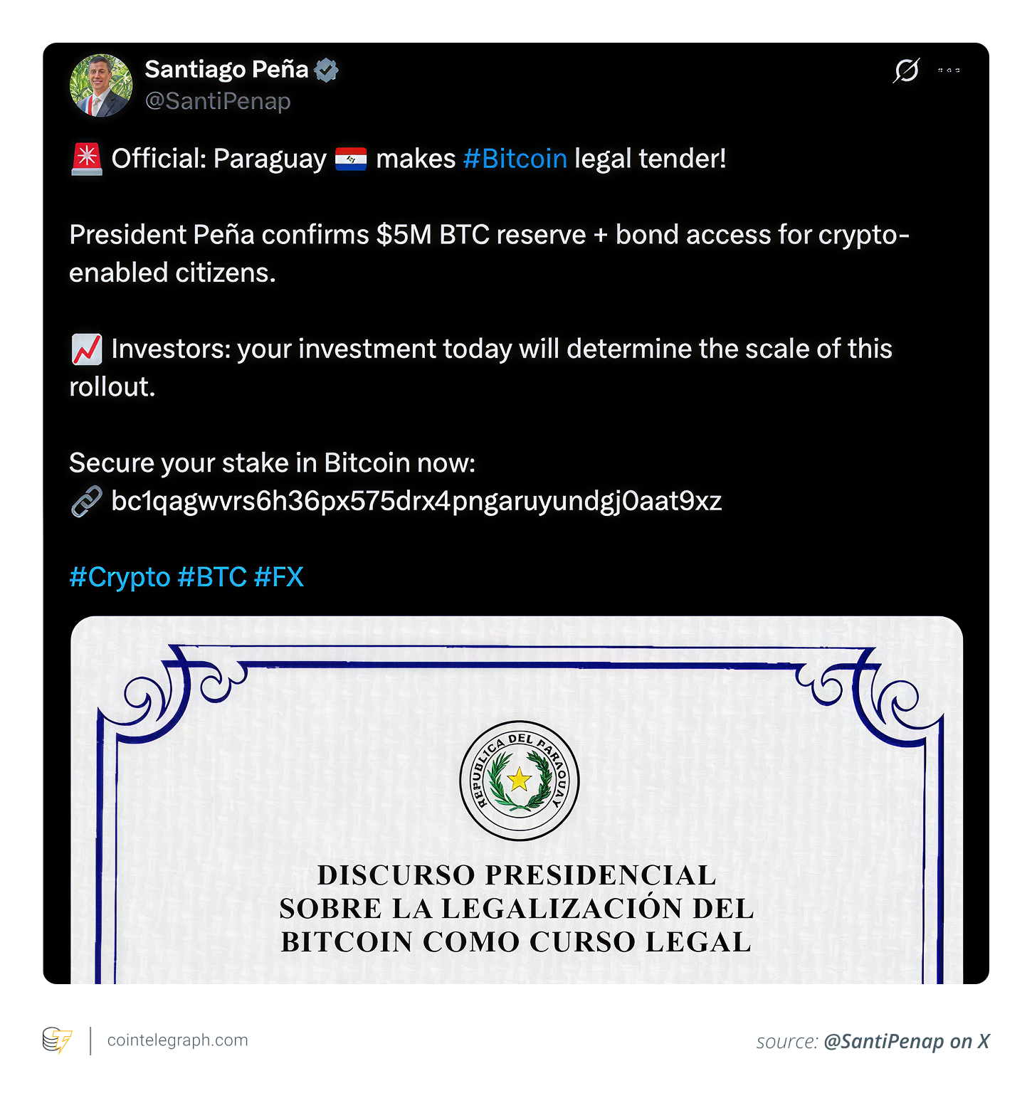 X post from Paraguayan President claiming Bitcoin was legal tender in the country