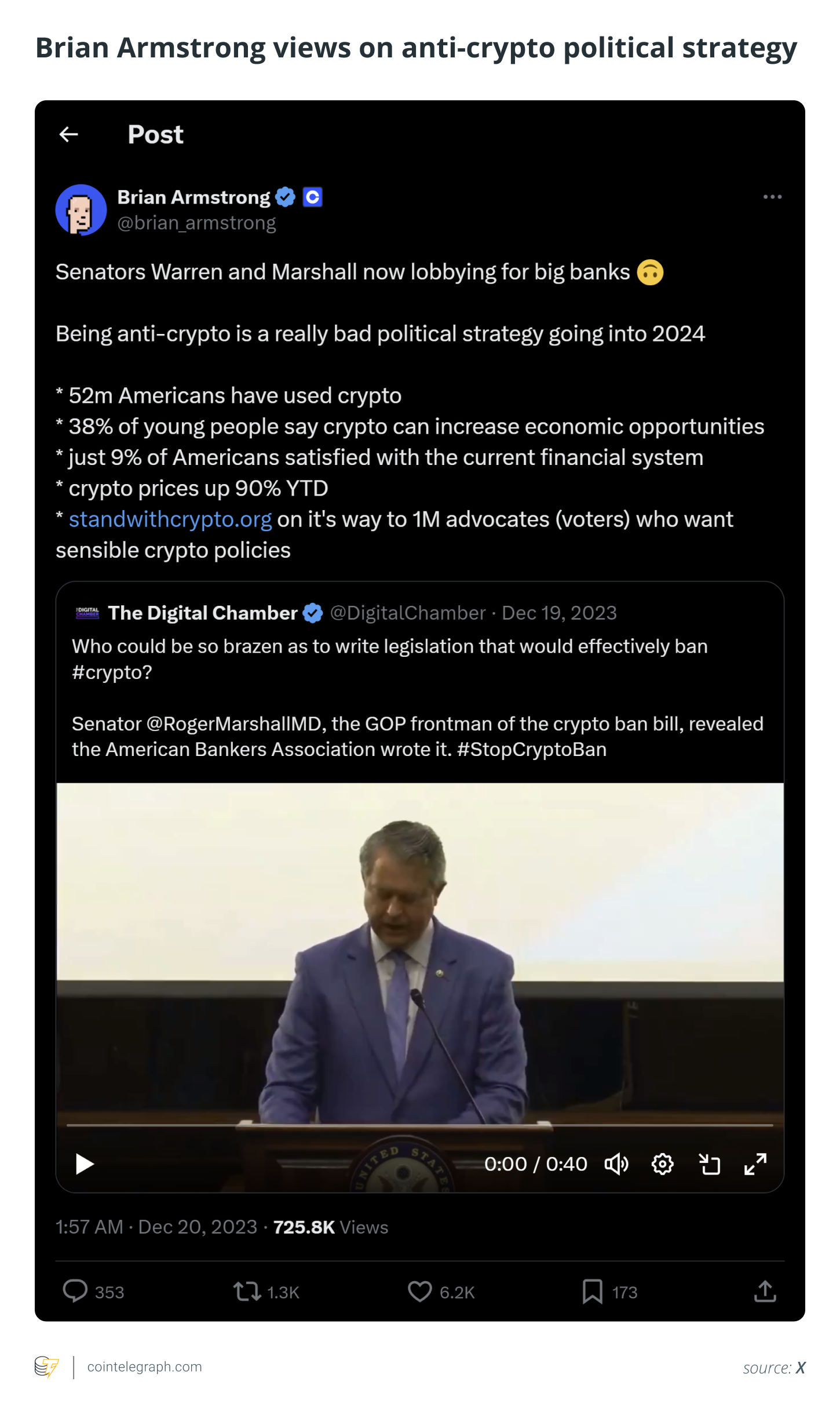 Brian Armstrong views on anti-crypto political strategy