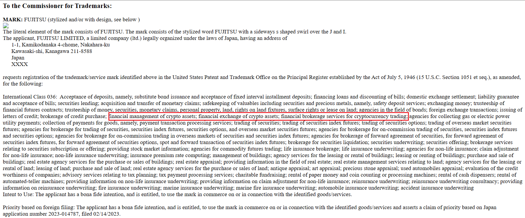 Fujitsu is interested in cryptocurrency trading services, according to a trademark application